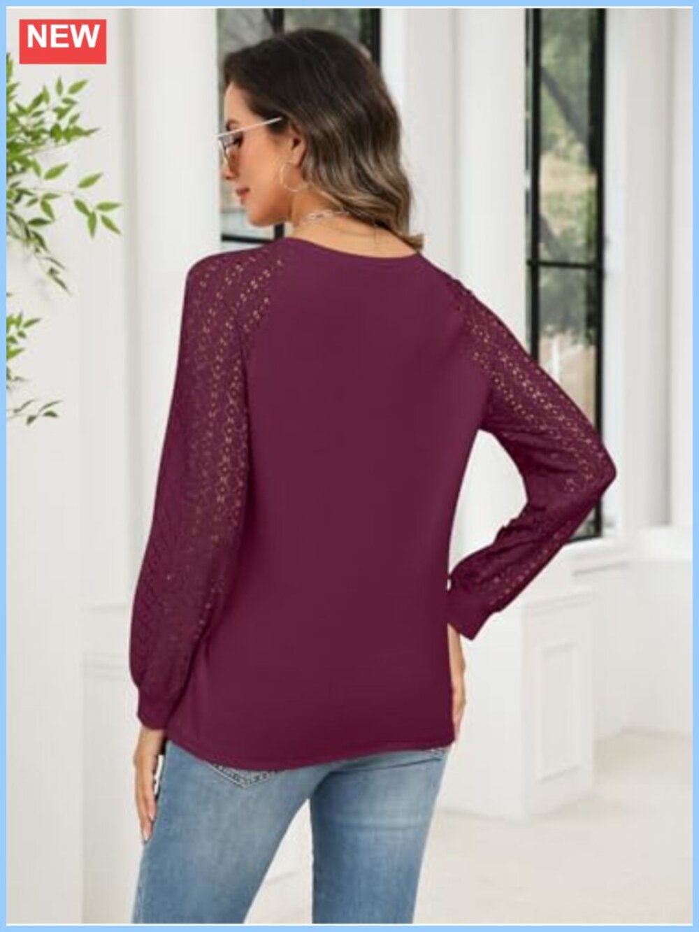 Minetom Womens Lace Long Sleeve Henley Shirt Casual Blouse Soft Stretchy - Picture 5 of 6